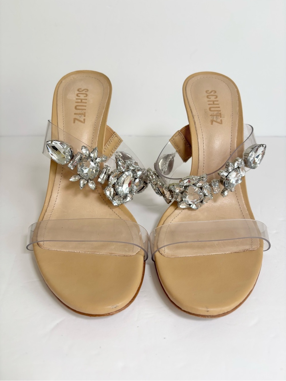 Schutz Laureen Crystal Nude Sandals Block Heel Made in Brazil Size 8.5B - Picture 4 of 13